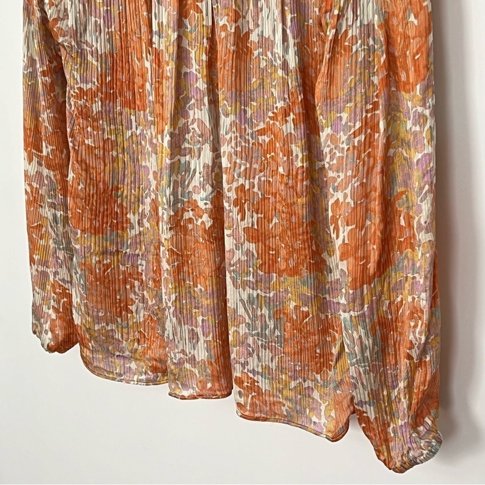 VINCE Silk Floral Print Long Sleeve Blouse Orange Fantasy Small - Picture 12 of 15